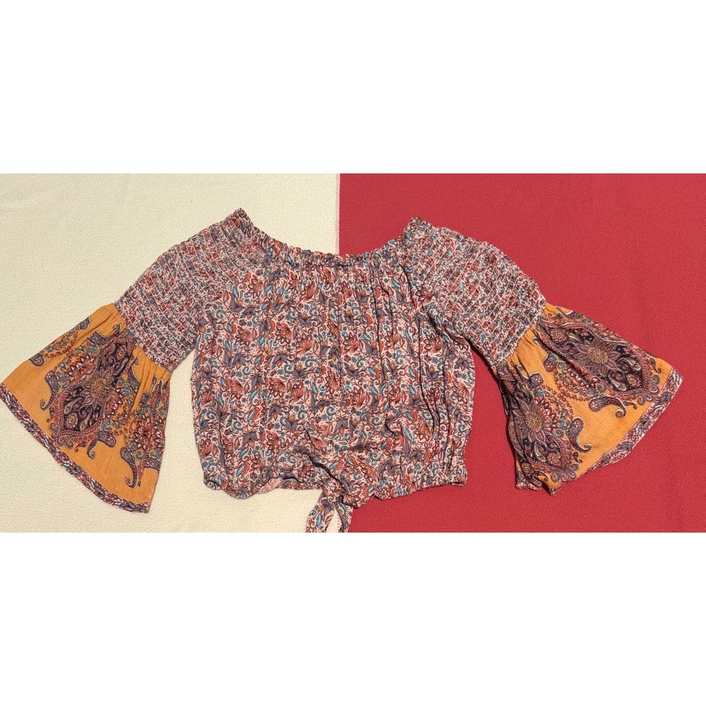 Blue Rain Paisley Off Shoulder Smocked Bell Sleeve Crop Top Orange‎ Blue Small